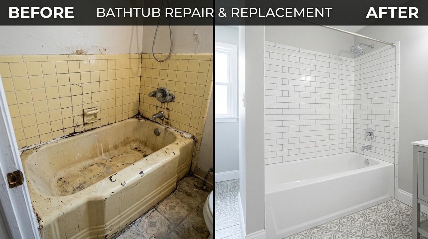 Before and After Bathtub Repair and Replacement by Fort Charle Plumbing in Charleston SC — showing corroded tub replaced with new professional installation