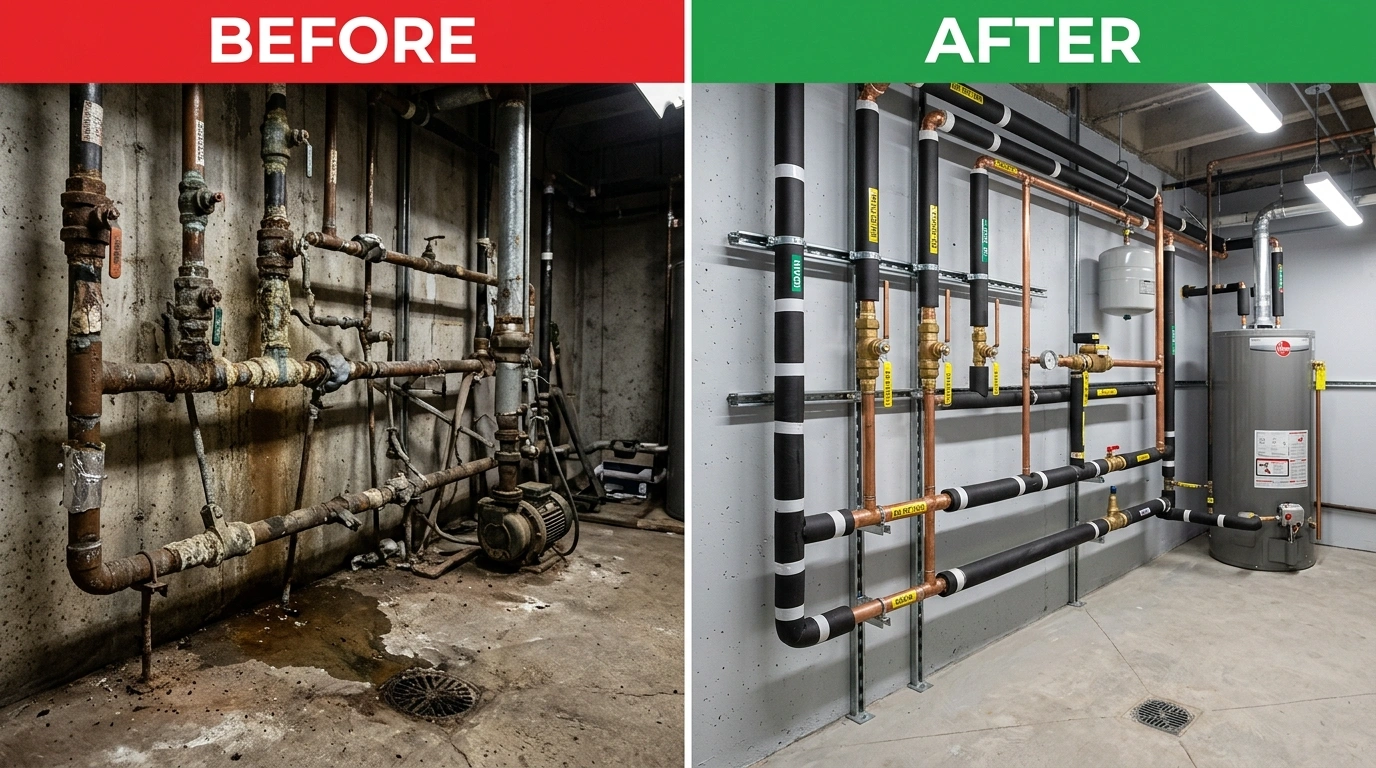Before and after commercial pipe repiping replacement by Fort Charle Plumbing in Charleston SC