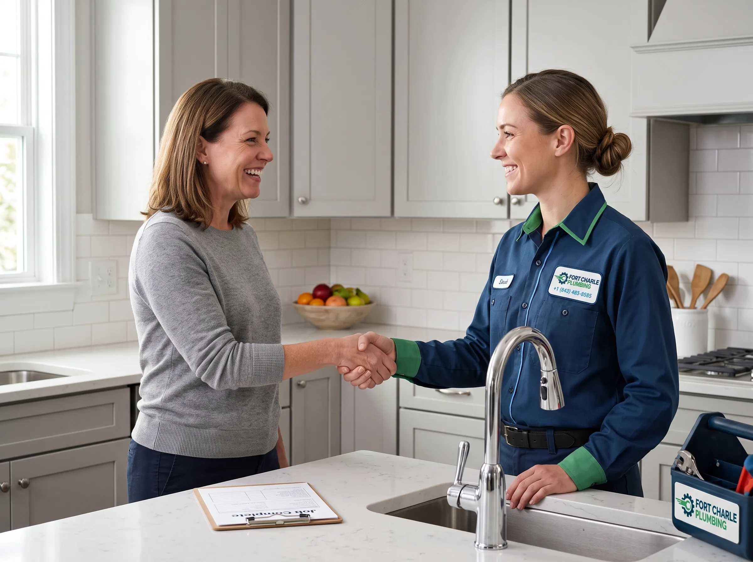 Fort Charle Plumbing satisfied customer after completed kitchen plumbing service Charleston SC