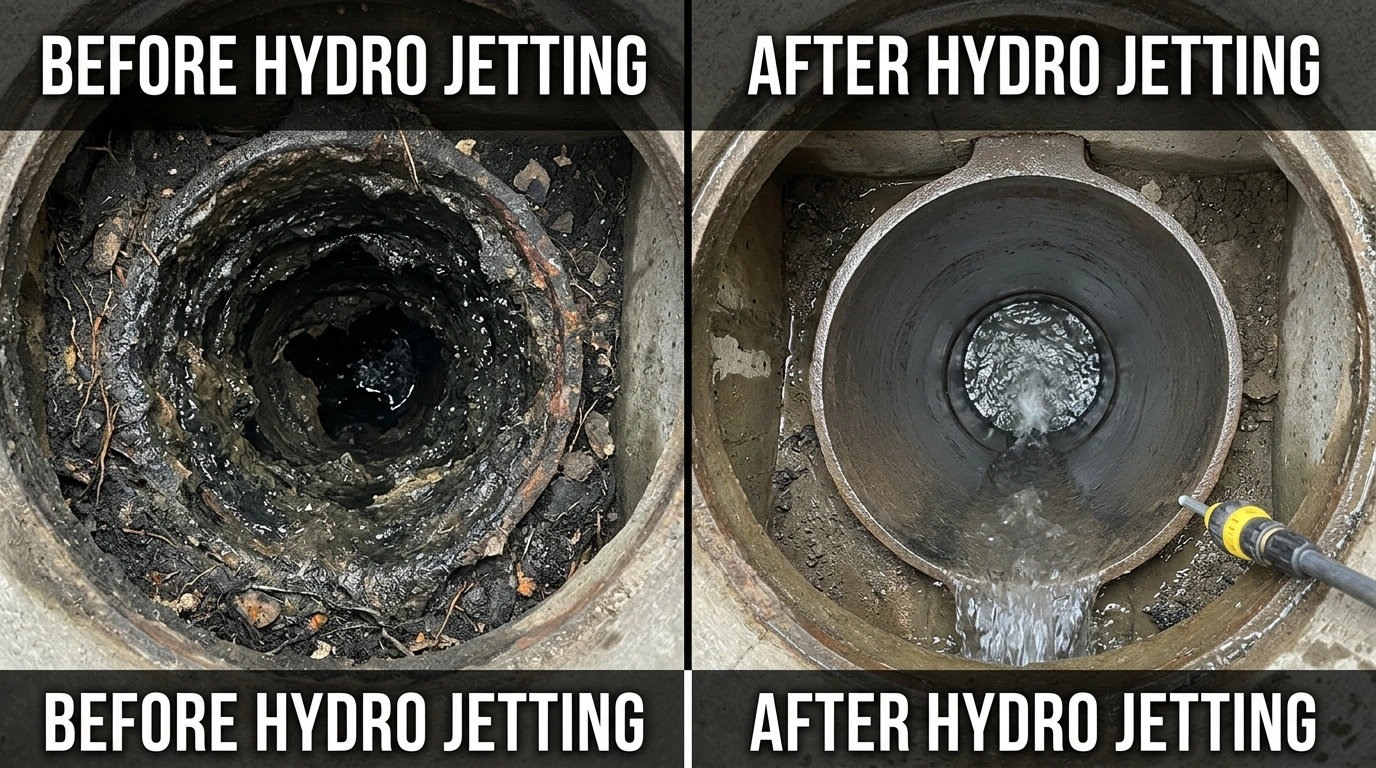 Before and After Hydro Jetting Service by Fort Charle Plumbing in Charleston SC showing pipe cleaned from heavy grease root and silt buildup to full bore clarity