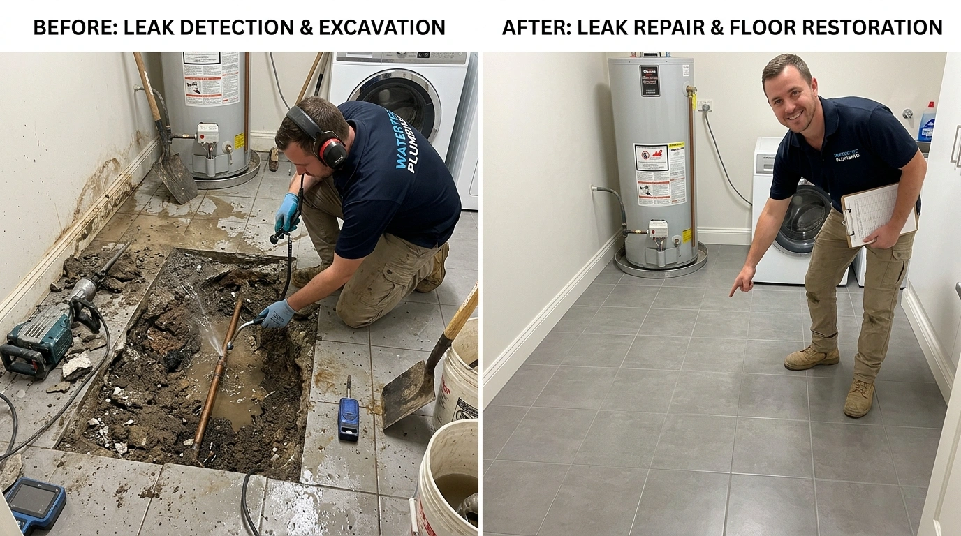 Before and after slab leak repair by Fort Charle Plumbing in Charleston SC