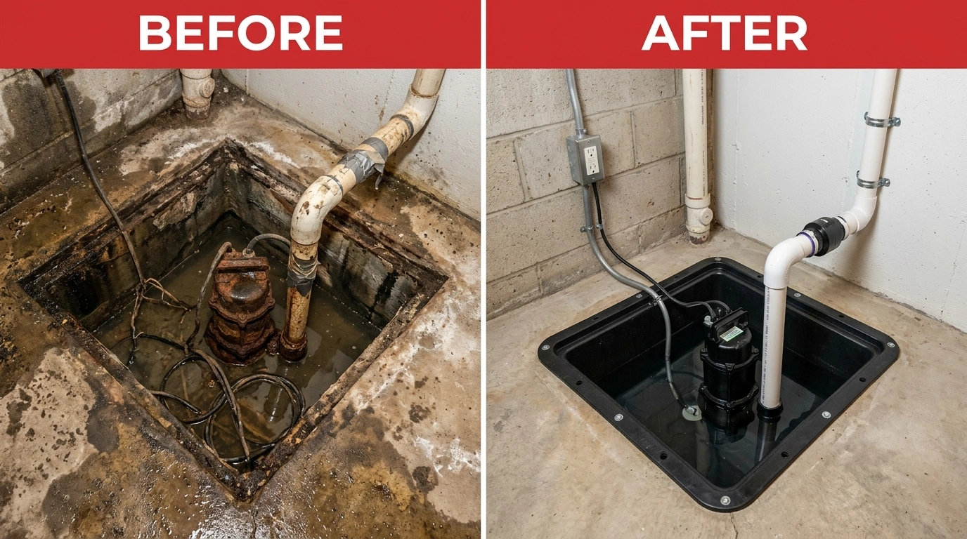 Sump Pump Repair and Replacement Before and After - Fort Charle Plumbing Charleston SC showing crawl space transformation from flooded to dry with new pump system installed