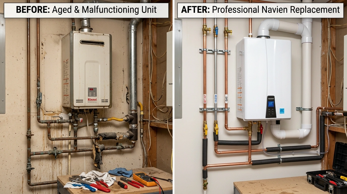 Before and after tankless water heater replacement by Fort Charle Plumbing in Charleston SC