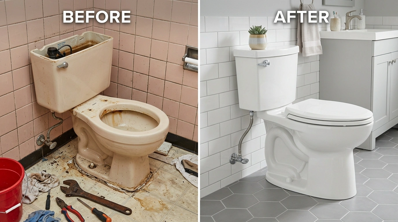 Before and After Toilet Repair and Replacement by Fort Charle Plumbing in Charleston SC — Showing Failed Toilet vs. Professionally Installed New Toilet
