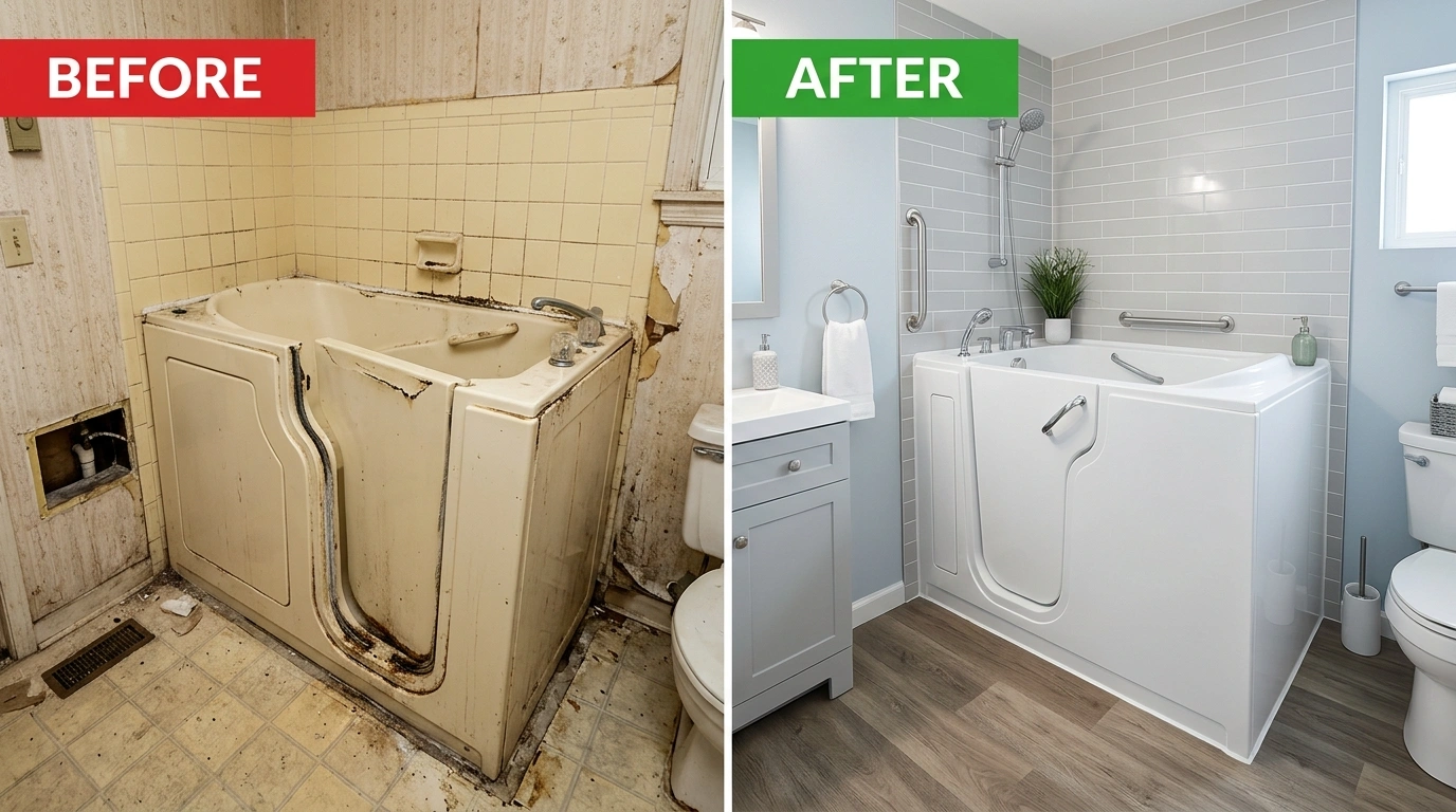 Before and after walk-in tub replacement project by Fort Charle Plumbing in Charleston SC