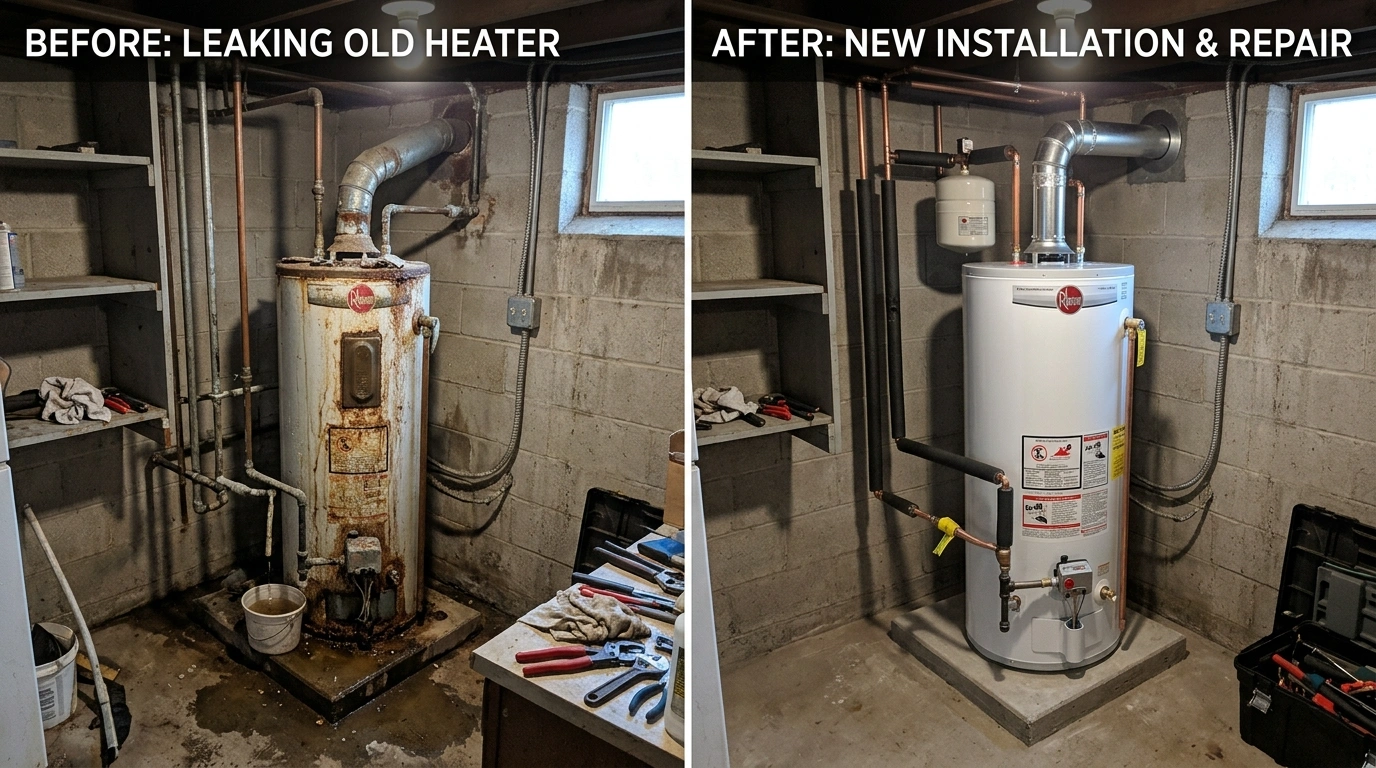 Water heater replacement before and after by Fort Charle Plumbing in Charleston SC