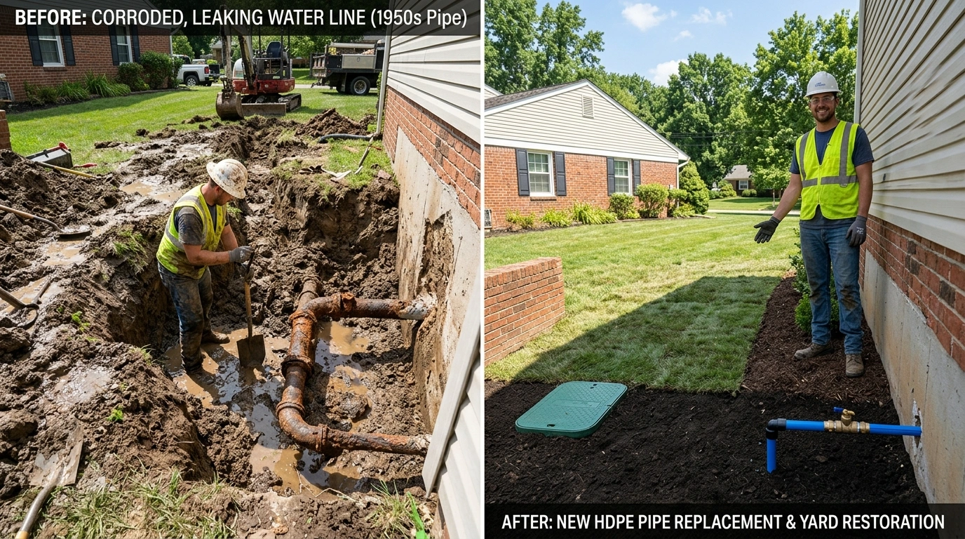 Water line replacement and yard restoration before and after by Fort Charle Plumbing Charleston SC